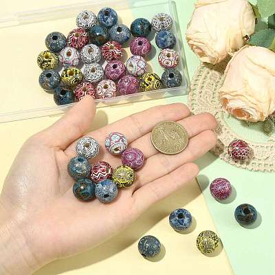 40Pcs 8 Colors Bohemian Style Printed Schima Wood Beads WOOD-FS0002-52-1