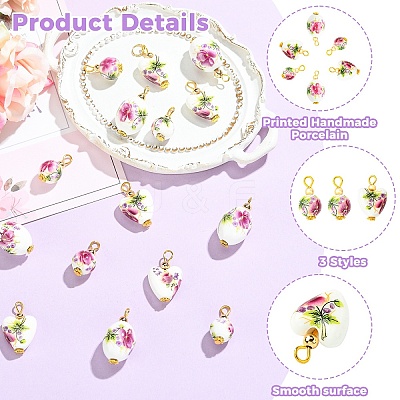 15Pcs 3 Styles Printed Handmade Porcelain Pendants PALLOY-YW00194-1