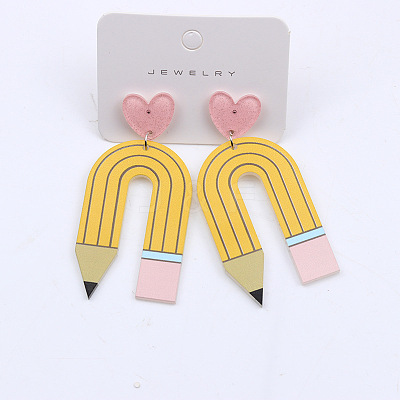 Heart & Pencil Acrylic Stud Dangle Earrings FS-WG3499D-07-1