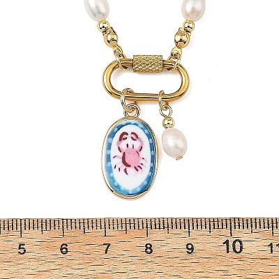 Printed Brass Oval Pendant Natural Cultured Freshwater Pearl Beaded Necklaces for Women NJEW-JN06384-1