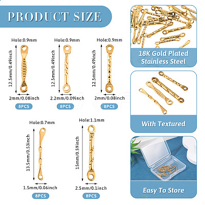 40Pcs 5 Styles 304 Stainless Steel Textured Bar Links Connector Charms STAS-TA0006-45-1