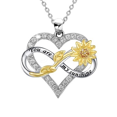 Brass Micro Pave Clear Cubic Zirconia Infinity Heart with Sunflower Pendant Necklaces for Women NJEW-G146-01P-1