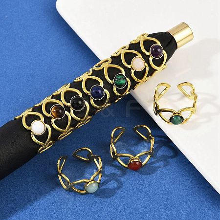 316 Stainless Steel with Natural Mixed Gemstone Cuff Rings RJEW-Z098-01G-01-1