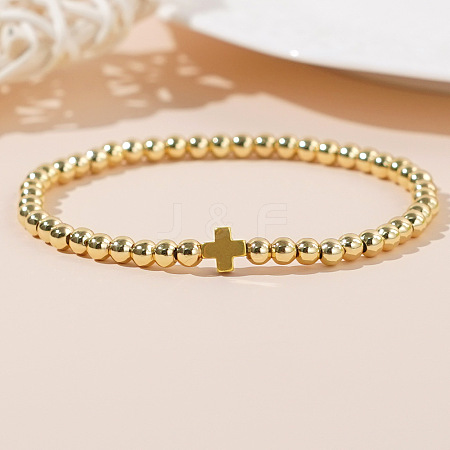 Brass Cross & Round Beaded Stretch Bracelets QX2906-2-1