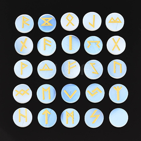 Brass Elder Futhark Alphabet Engraved Symbol Flat Round Opalite Rune Stones G-I373-01O-1