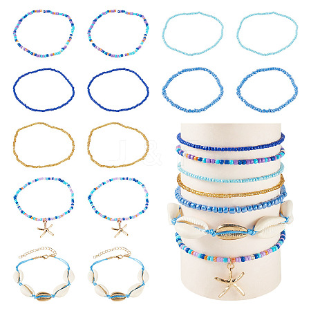 2 Bags Summer Beach Glass Seed Beaded & Natural Shell & Alloy Starfish Charm Anklet Sets AJEW-TA0003-69D-1