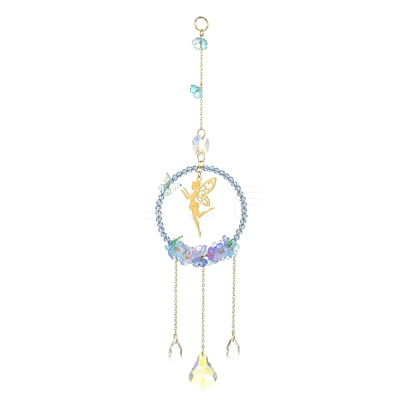 Teardrop Flower Glass & Acrylic Beads Suncatcher with 201 Stainless Steel Fairy Pendants HJEW-JM04988-02-1