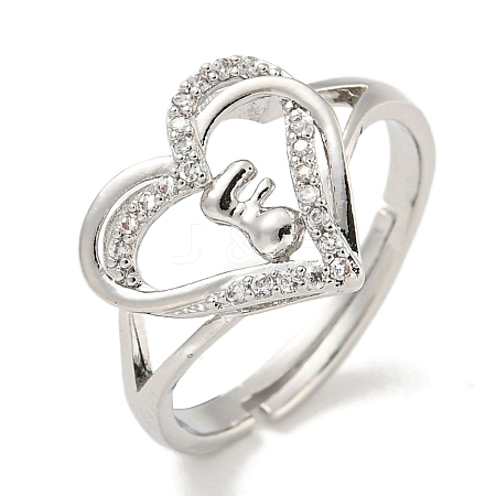 Heart with Letter Rack Plating Brass Micro Pave Clear Cubic Zirconia Adjustable Rings for Women RJEW-I105-01P-F-1