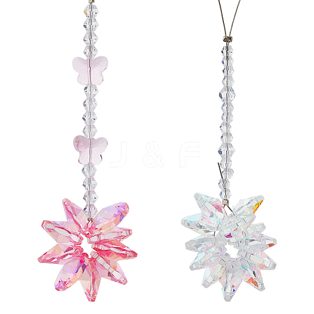 2Pcs 2 Styles Flower & Snowflake Glass Pendant Decorations HJEW-FH0001-83-1