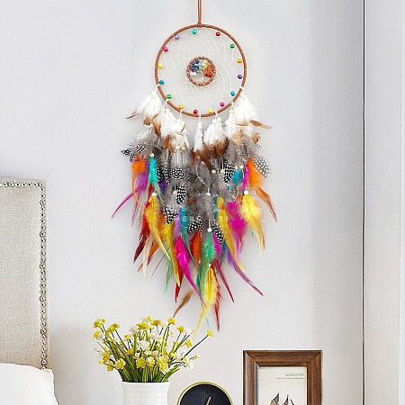 Natural Mixed Stone Chips & Woven Net/Web with Feather Hanging Ornaments HJEW-A013-03B-1