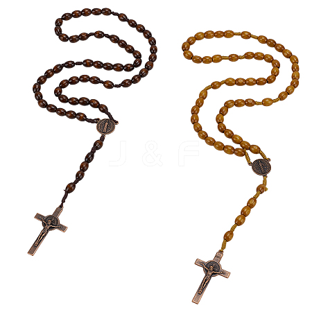 6Pcs 2 Colors Alloy Religion Crucifix Cross Pendant Wood Rice Beaded Rosary Bead Necklaces NJEW-GO0001-07-1