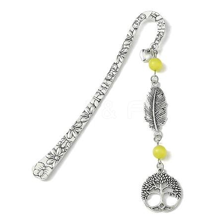 Tree of Life Feather Tibetan Style Alloy Pendant Bookmark with Cat Eye AJEW-JK00277-03-1