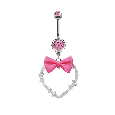 304 Stainless Steel Pave Cubic Zirconia with Cloth Bowknot Heart Dangle Belly Rings FS-WG03D58-06-1