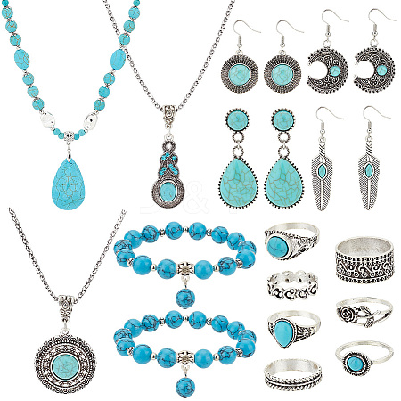   Synthetic Turquoise Pendant Necklace & Stretch Bracelets & Dangle Earrings & Ring Jewelry Sets SJEW-PH0001-13-1