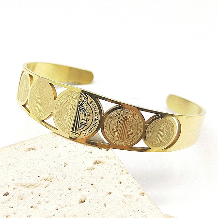 Religion 201 Stainless Steel Cuff Bangles for Women LS-BJEW-F507-01G-1