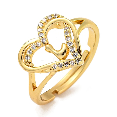 Heart with Letter Rack Plating Brass Micro Pave Clear Cubic Zirconia Adjustable Rings for Women RJEW-I105-01G-L-1