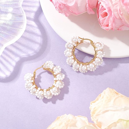 Glass Flower Hoop Earrings EJEW-TA00733-1