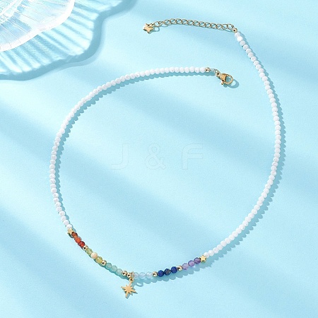 304 Stainless Steel Star Pendant Natural Aquamarine & Yellow Opal & Lapis Lazuli & Amethyst & Green Aventurine & Carnelian & Glass Faceted Rondelle Beaded Chakra Nacklaces NJEW-JN05773-1