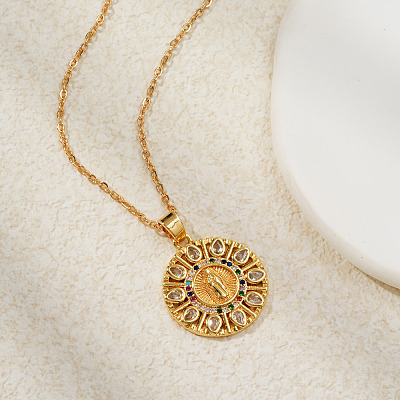 Vintage Brass Pave Cubic Zirconia Hollow Round Religion Virgin Mary Pendant Necklaces for Women EZ3168-2-1