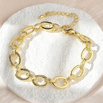 Brass Oval Link Chain Bracelets for Women Men BJEW-K273-10G-1