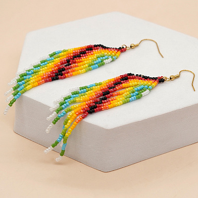 Handmade Glass Seed Beads Tassel Dangle Earrings HA3961-2-1