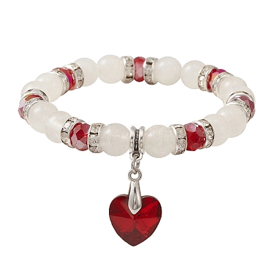 Natural Quartz Crystal & Glass Beaded Stretch Bracelet with Heart Charms for Valentine's Day BJEW-TA00284-1
