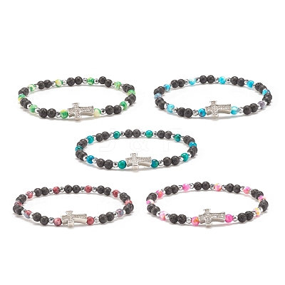 Natural & Synthetic Mixed Gemstone Beaded Stretch Bracelet with Clear Cubic Zirconia Cross for Women BJEW-JB08247-1