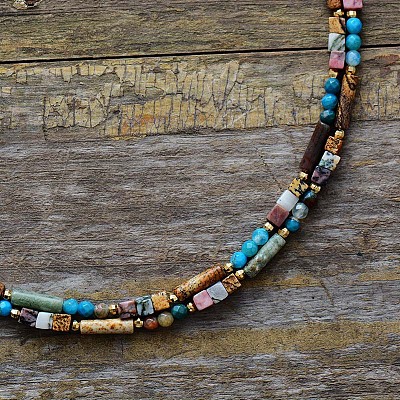 Bohemian Natural Mixed Stone & Glass Seed Beads Double-Layer Beaded French Necklaces for Women FS-WGCD50A-01-1