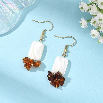 Natural Amber & Natural Trochid Shell/Trochus Shell Beads Rectangle Dangle Earrings EJEW-JE07524-1