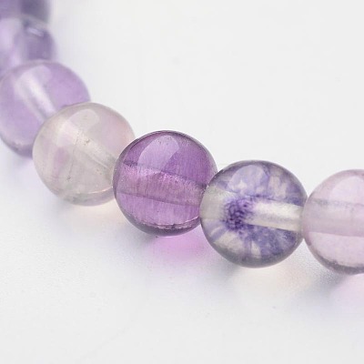 Natural Fluorite Round Beaded Stretch Bracelets BJEW-F202-05-1