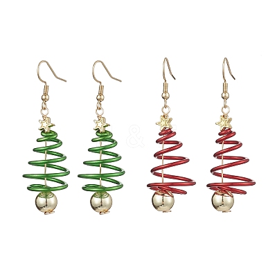 2 Pairs 2 Colors Christma Tree Electroplated Synthetic Non-magnetic Hematite & Aluminum Wire Dangle Earrings EJEW-JE05908-1