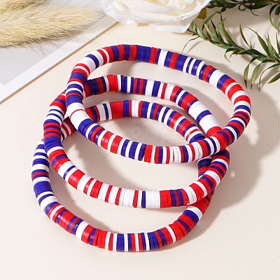 3Pcs Red White Blue Handmade Polymer Clay Heishi Beads Stretch Bracelets Set PW-WG85032-01-1