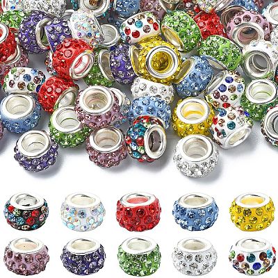 100Pcs 10 Colors Polymer Clay Rhinestone European Large Hole Beads with Silver Color Plated Brass Cores FIND-YW0004-88-1
