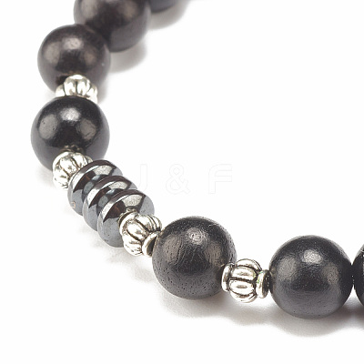 Natural Wood & Synthetic Hematite Beaded Stretch Bracelet for Men Women BJEW-JB07810-1