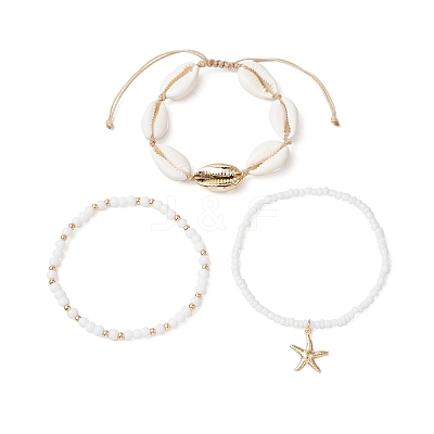 3Pcs 3 Styles Glass Seed Beads Stretch Bracelets & Charm Bracelets & Natural Mixed Cowrie Shell Beads Braided Bracelets BJEW-TA00639-1