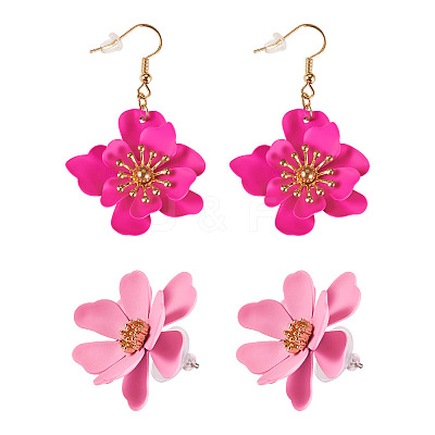 2 Pairs 2 Styles Iron Flower Dangle Earrings and Sweet and Stylish Multi-layer Petal Flower Stud Earrings EJEW-TA0001-80A-1