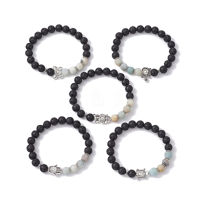 Natural Flower Amazonite & Lava Rock & Alloy Beaded Stretch Bracelet BJEW-JB09746-1