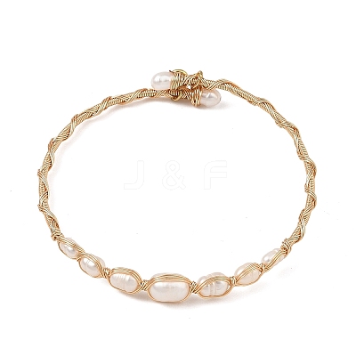 Natural Cultured Freshwater Pearl Rice Graduated Beaded Wire Wrapped Brass Cuff Bangles for Women BJEW-JB14302-1