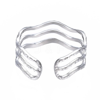 Non-Tarnish 304 Stainless Steel Triple Line Wave Open Cuff Ring LS-RJEW-T023-02P-1