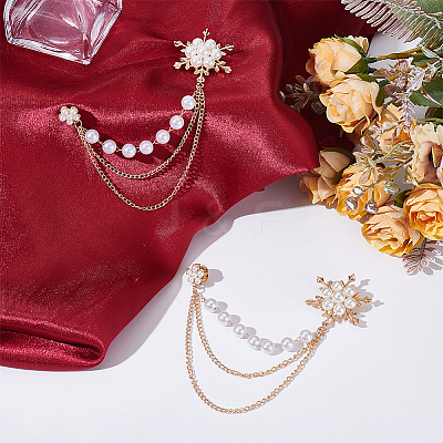 2Pcs Alloy & Plastic Imitation Pearl Flower Hanging Chain Brooches FIND-LP0001-62-1