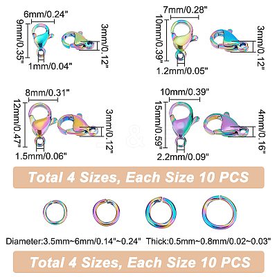40Pcs 4 Style Ion Plating(IP) Rainbow Color 304 Stainless Steel Lobster Claw Clasps STAS-UN0039-06-1