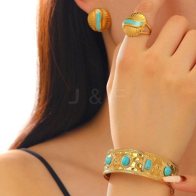 Synthetic Turquoise Cuff Bangles & Finger Ring & Stud Earrings Sets FS-WGB9654-04-1