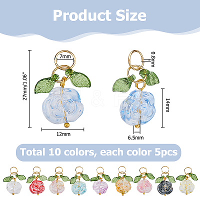 50Pcs 10 Colors Rose Flower Transparent Glass Pendants PALLOY-HS00017-1