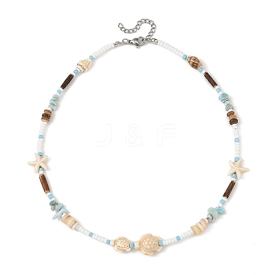 Ocean Starfish Turtle Synthetic Turquoise and Seed Beads Beaded Necklaces for Women NJEW-JN06661-1