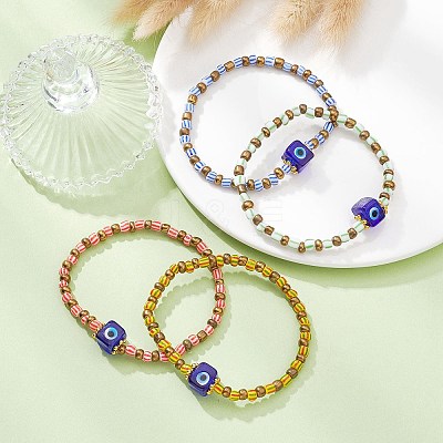 Evil Eye Lampwork & Glass Seed Beaded Stretch Bracelet BJEW-JB09528-1