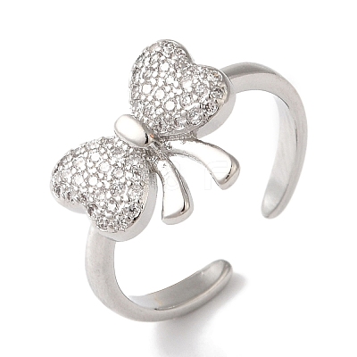 Bowknot Brass Micro Pave Clear Cubic Zirconia Open Cuff Rings for Women RJEW-C098-03P-1