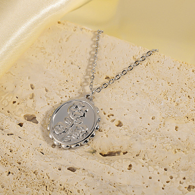 304 Stainless Steel Embossed Flower Oval Pendant Necklaces for Women WGAFB1B-02-1