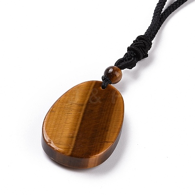 Adjustable Natural Tiger Eye Teardrop with Spiral Pendant Necklace with Nylon Cord for Women NJEW-L171-04A-1