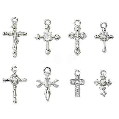 8Pcs 8 Styles Brass Micro Pave Clear Cubic Zirconia Charms KK-CJ0004-22-1