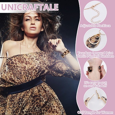 Teardrop Leopard Print Plastic Pendant Necklace & Hoop Earring & Cuff Bangle for Women SJEW-WH0006-10-1
